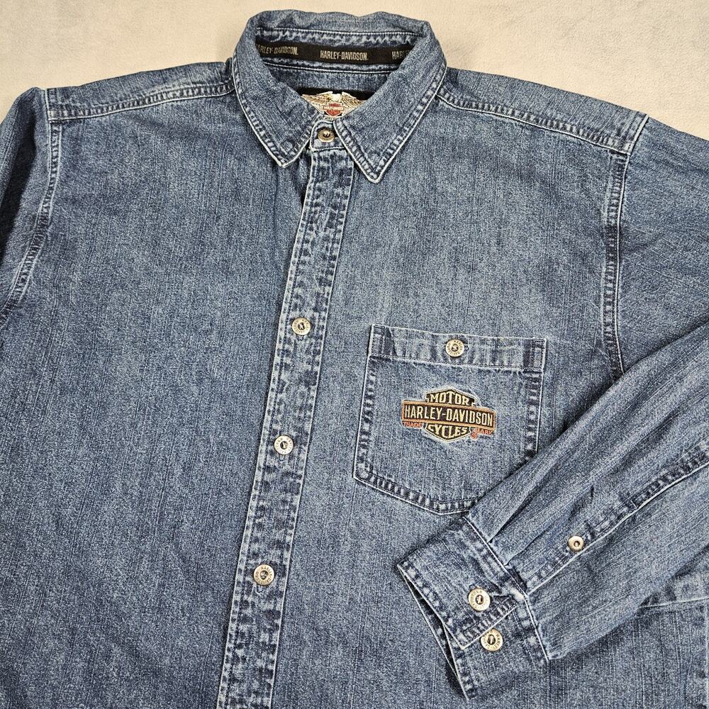 Y2K Harley Davidson Button Down Shirt Men L Blue Denim Long Sleeve Spellout FLAW